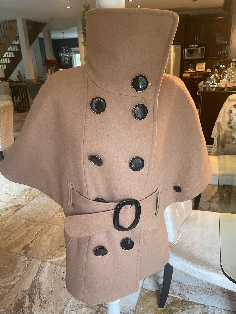 Soia & Kyo Camel Double-Breasted Wool Cape with Belt